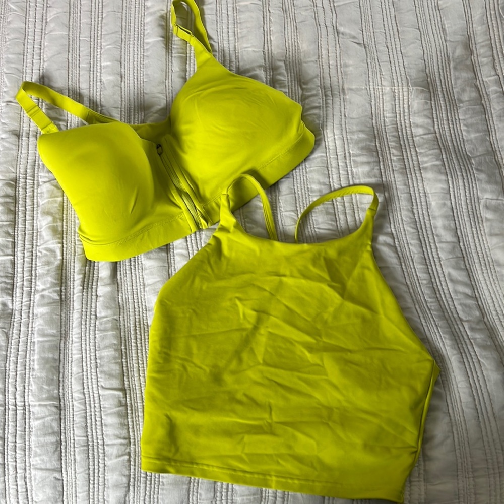 Two neon green old navy sports bras